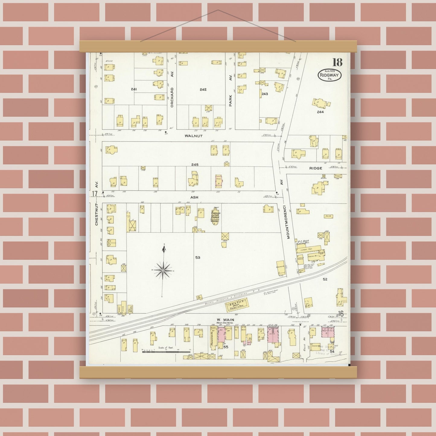 Old map wall art mockup — magnetic wood frame on brick wall — Sanborn Fire Insurance Map from Ridgway, Elk County, Pennsylvania (1909), Sheet #0018