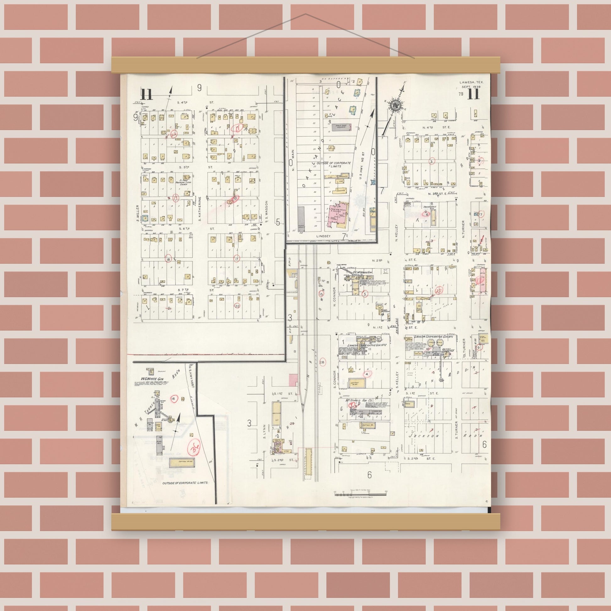 Old map wall art mockup — magnetic wood frame on brick wall — Sanborn Fire Insurance Map from Lamesa, Dawson County, Texas (1948), Sheet #0011
