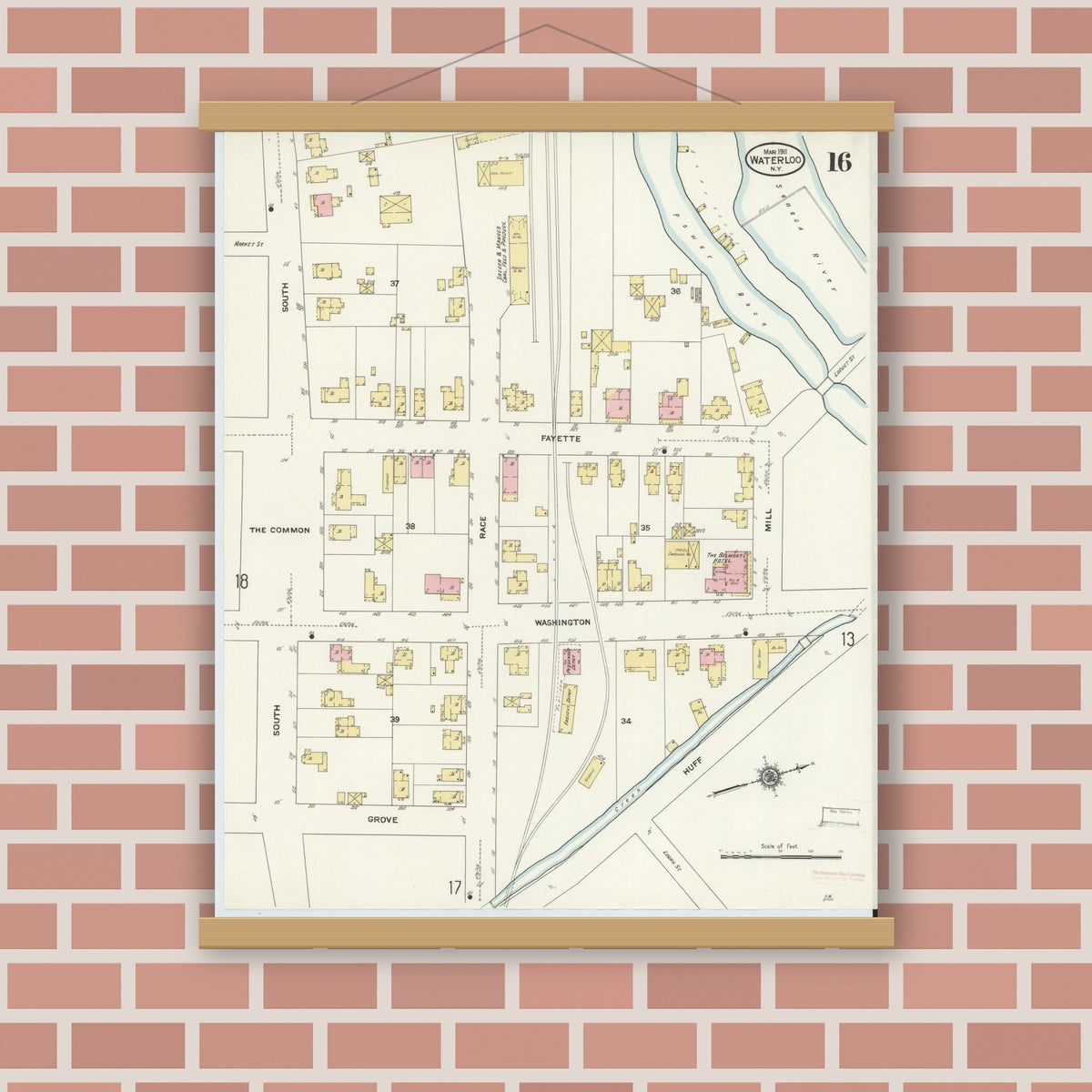 Old map wall art mockup — magnetic wood frame on brick wall — Sanborn Fire Insurance Map from Waterloo, Seneca County, New York (1911), Sheet #0016