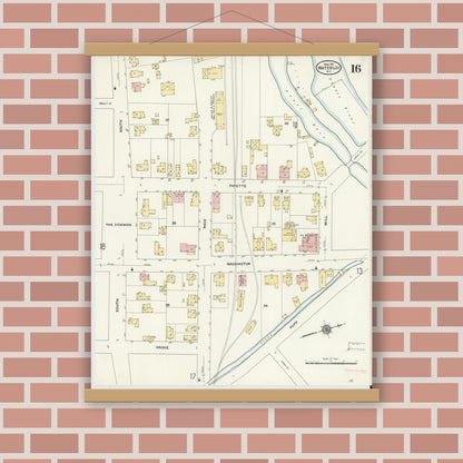 Old map wall art mockup — magnetic wood frame on brick wall — Sanborn Fire Insurance Map from Waterloo, Seneca County, New York (1911), Sheet #0016