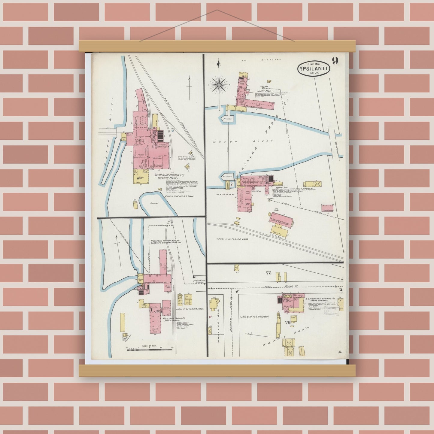 Old map wall art mockup — magnetic wood frame on brick wall — Sanborn Fire Insurance Map from Ypsilanti, Washtenaw County, Michigan (1893), Sheet #0009