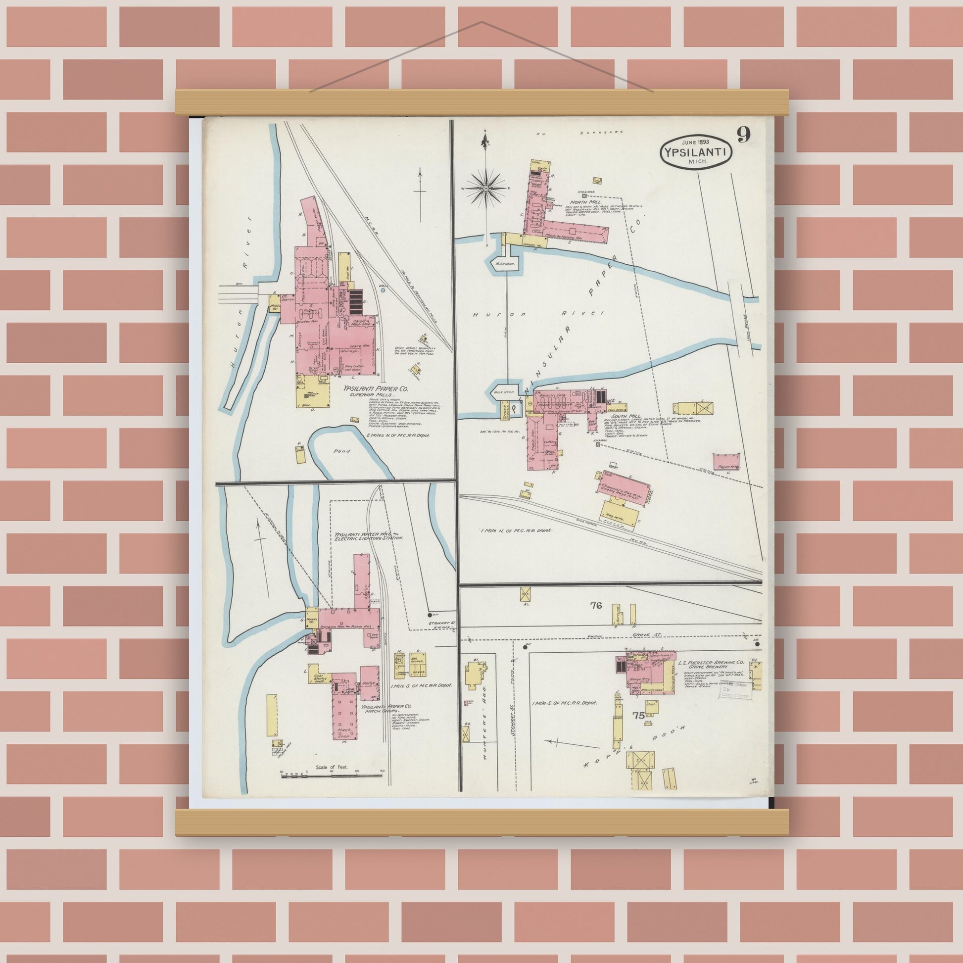 Old map wall art mockup — magnetic wood frame on brick wall — Sanborn Fire Insurance Map from Ypsilanti, Washtenaw County, Michigan (1893), Sheet #0009