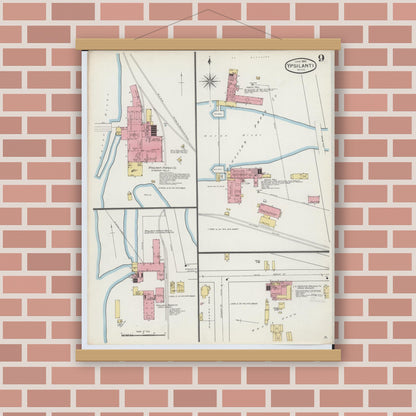 Old map wall art mockup — magnetic wood frame on brick wall — Sanborn Fire Insurance Map from Ypsilanti, Washtenaw County, Michigan (1893), Sheet #0009