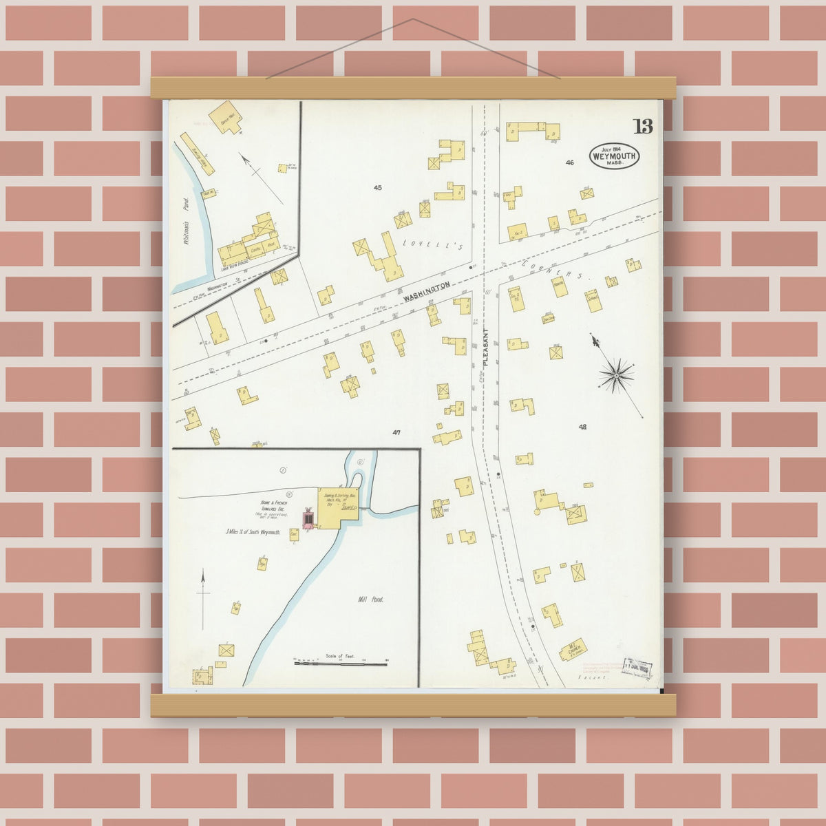 Old map wall art mockup — magnetic wood frame on brick wall — Sanborn Fire Insurance Map from Weymouth, Norfolk County, Massachusetts (1904), Sheet #0013