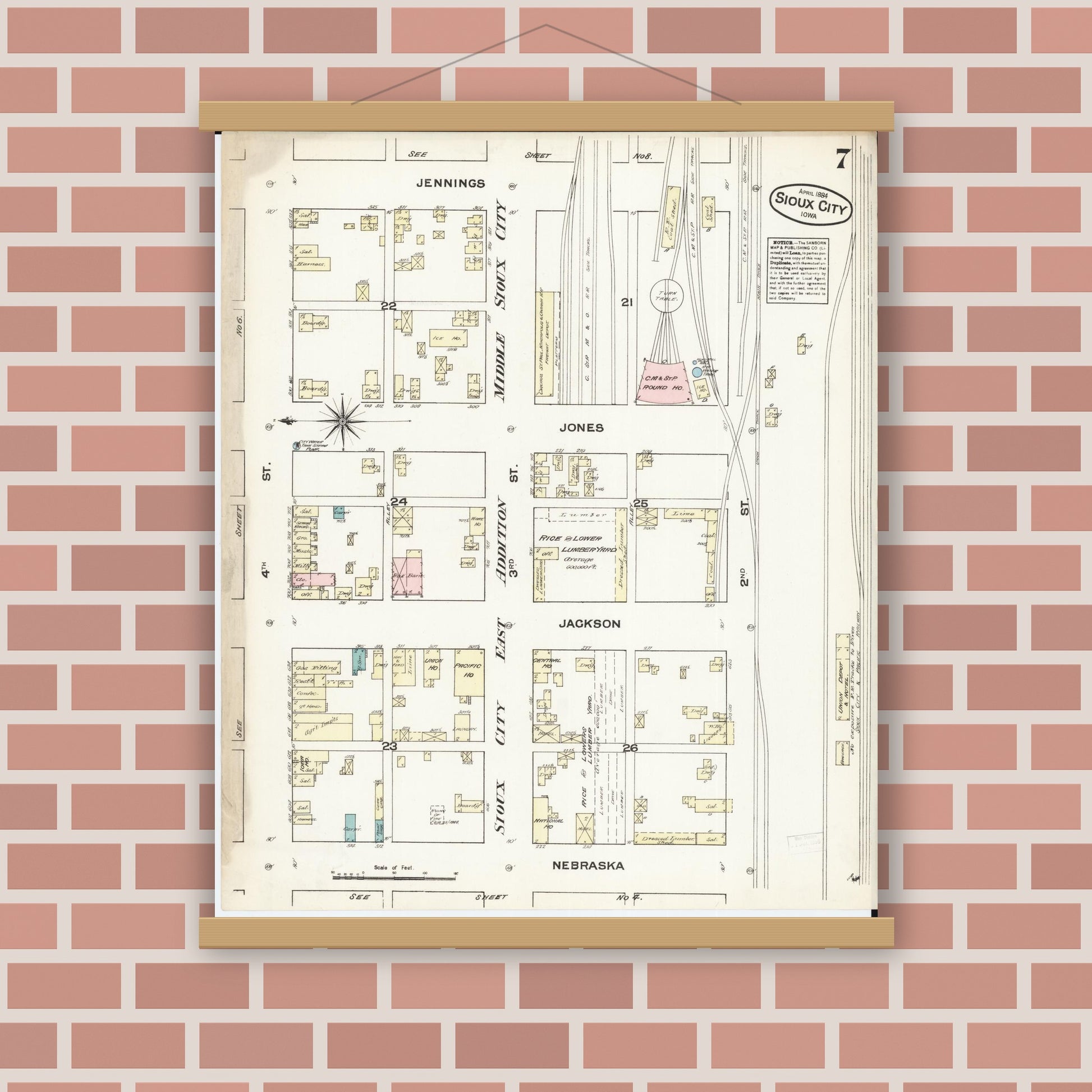 Old map wall art mockup — magnetic wood frame on brick wall — Sanborn Fire Insurance Map from Sioux City, Woodbury County, Iowa (1884), Sheet #0007