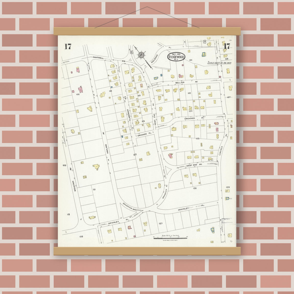 Old map wall art mockup — magnetic wood frame on brick wall — Sanborn Fire Insurance Map from Ridgewood, Bergen County, New Jersey (1924), Sheet #0017