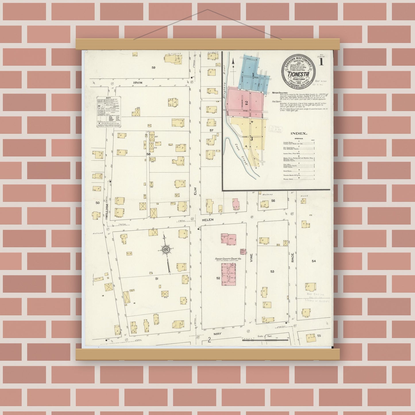 Old map wall art mockup — magnetic wood frame on brick wall — Sanborn Fire Insurance Map from Tionesta, Forest County, Pennsylvania (1912) - Complete Map Set