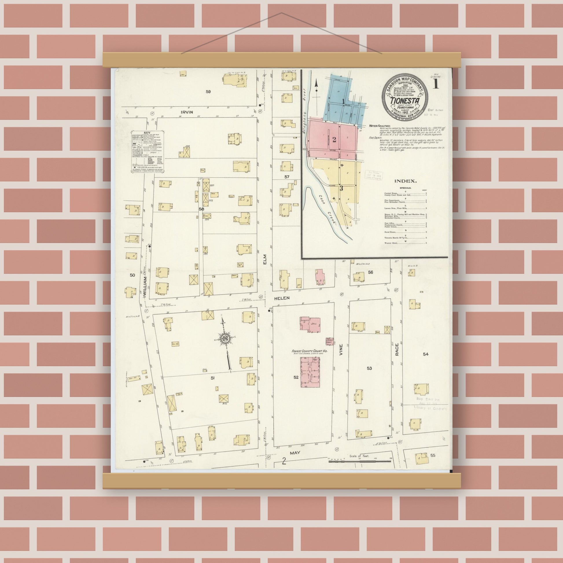 Old map wall art mockup — magnetic wood frame on brick wall — Sanborn Fire Insurance Map from Tionesta, Forest County, Pennsylvania (1912) - Complete Map Set