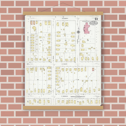 Old map wall art mockup — magnetic wood frame on brick wall — Sanborn Fire Insurance Map from Galesburg, Knox County, Illinois (1918), Sheet #0013