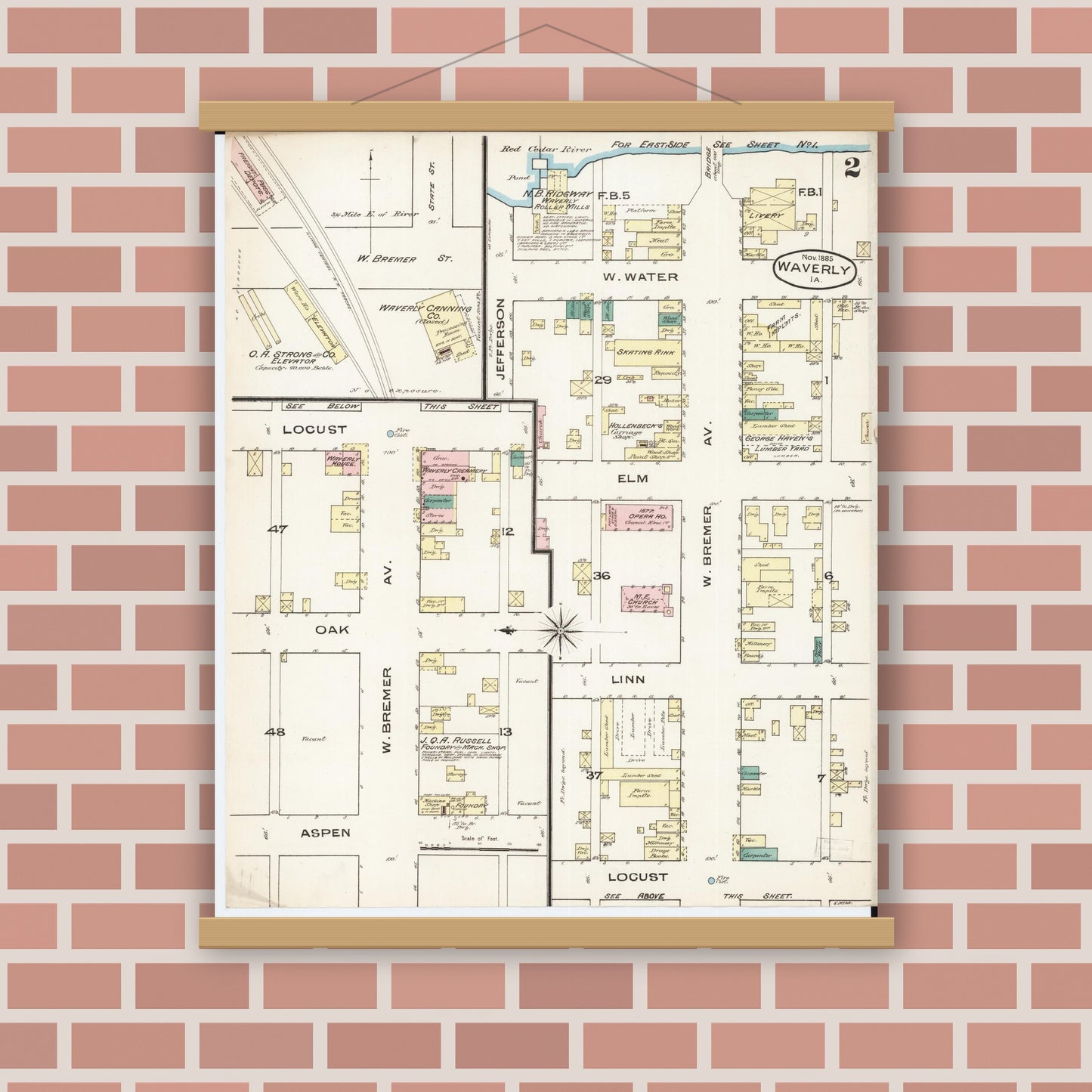 Old map wall art mockup — magnetic wood frame on brick wall — Sanborn Fire Insurance Map from Waverly, Bremer County, Iowa (1885), Sheet #0002