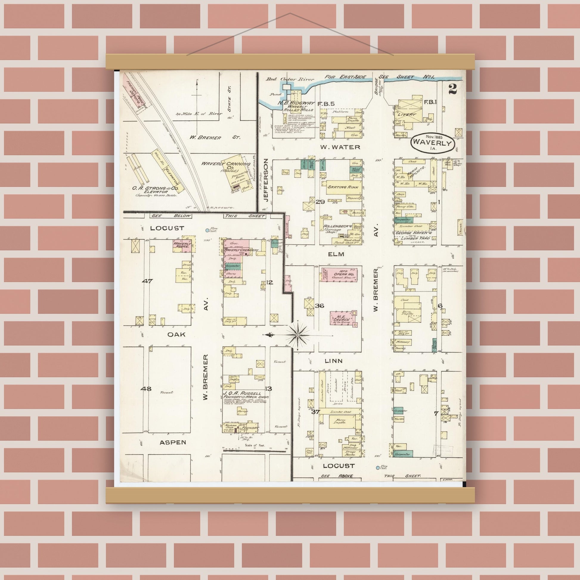 Old map wall art mockup — magnetic wood frame on brick wall — Sanborn Fire Insurance Map from Waverly, Bremer County, Iowa (1885), Sheet #0002