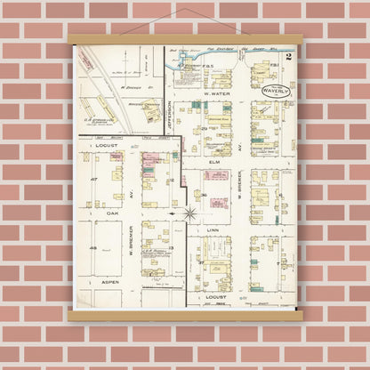 Old map wall art mockup — magnetic wood frame on brick wall — Sanborn Fire Insurance Map from Waverly, Bremer County, Iowa (1885), Sheet #0002