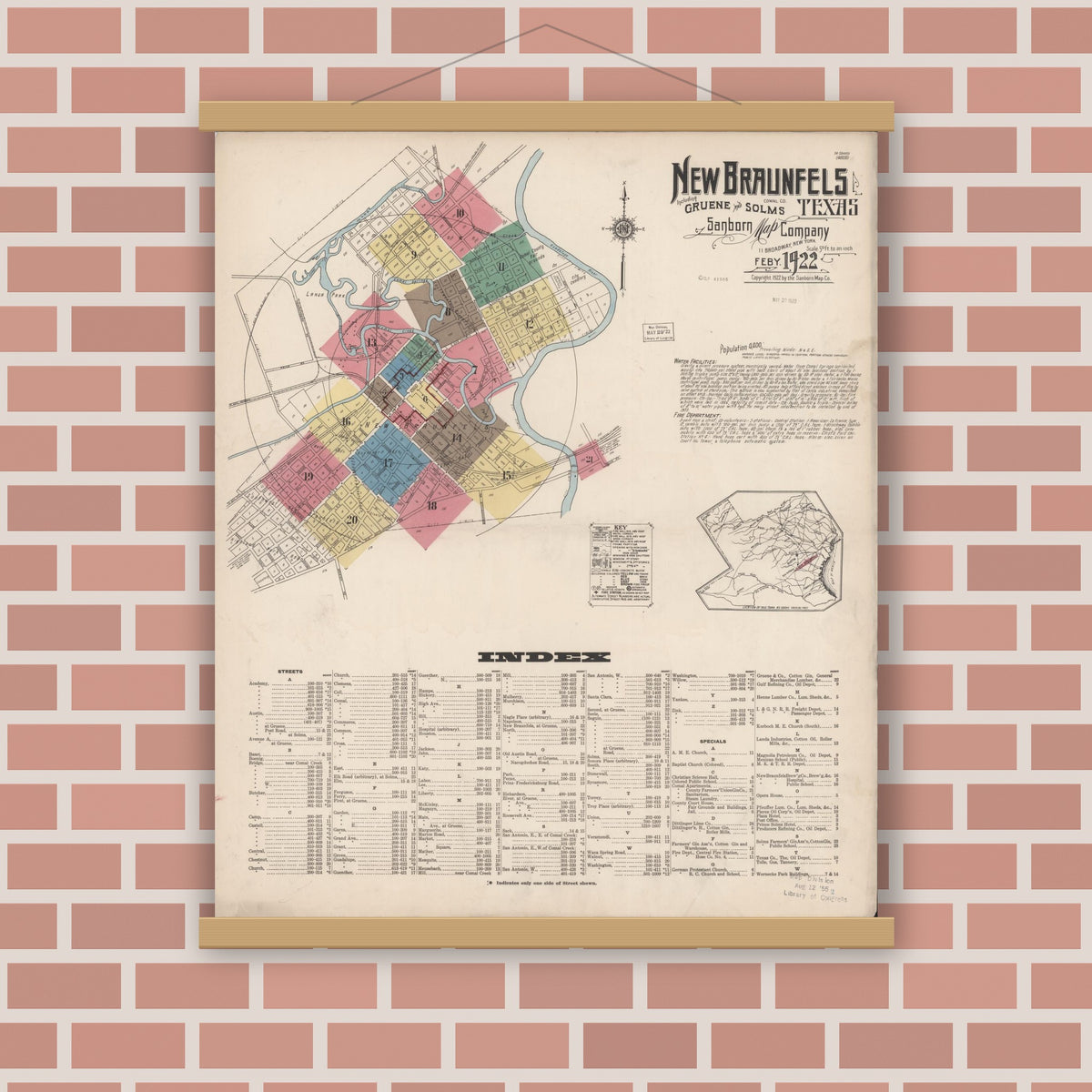 Old map wall art mockup — magnetic wood frame on brick wall — Sanborn Fire Insurance Map from New Braunfels, Comal County, Texas (1922) - Complete Map Set