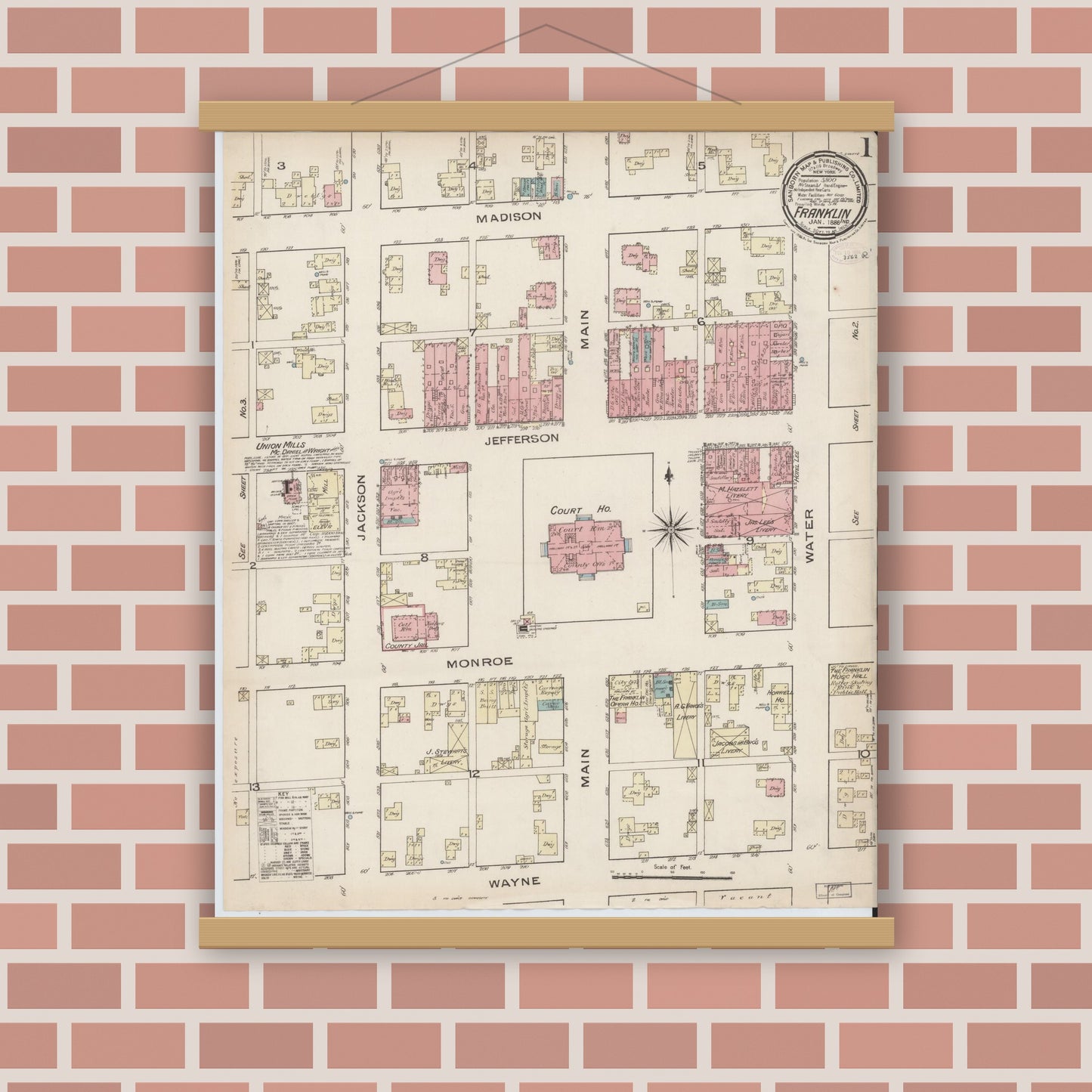 Old map wall art mockup — magnetic wood frame on brick wall — Sanborn Fire Insurance Map from Franklin, Johnson County, Indiana (1886), Sheet #0001