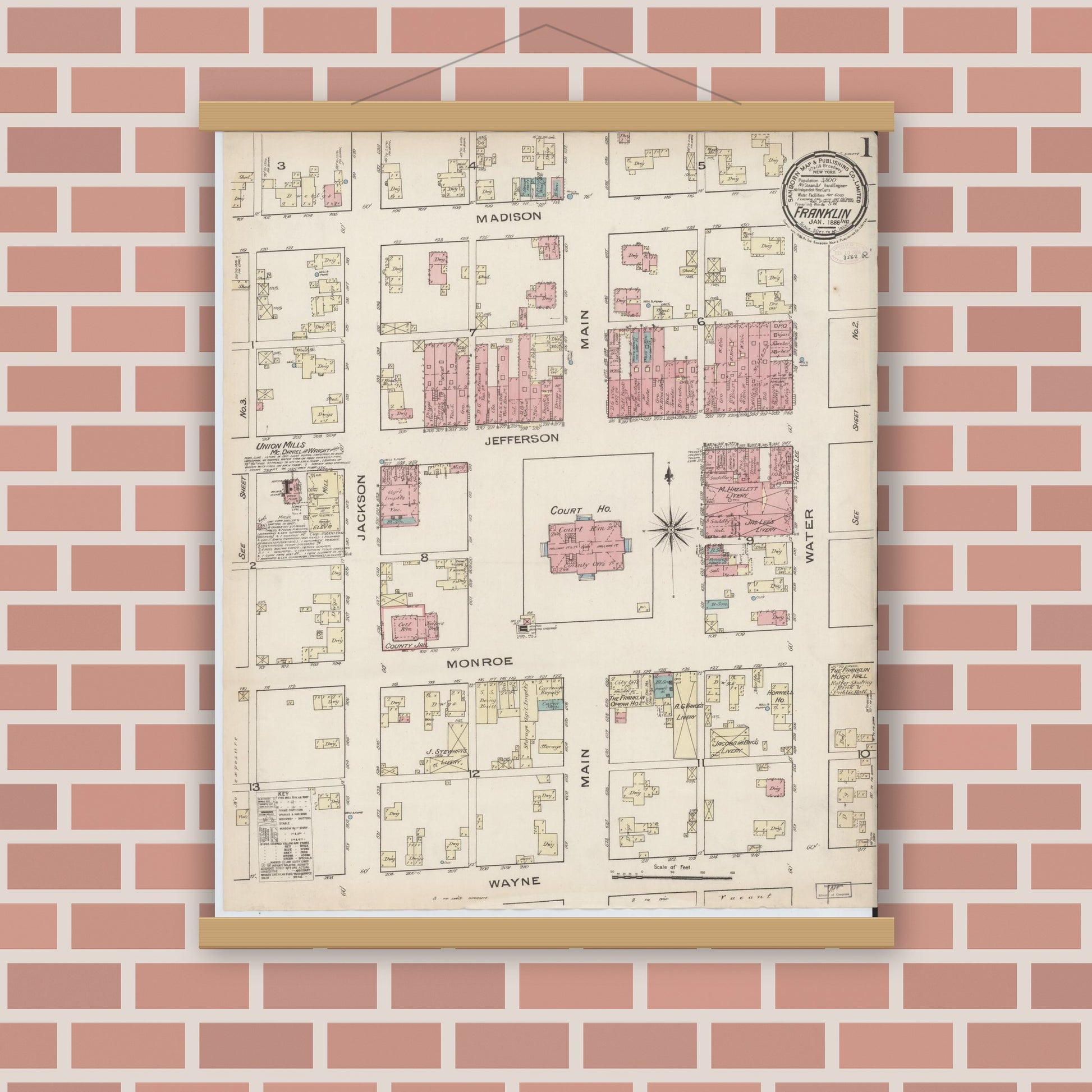Old map wall art mockup — magnetic wood frame on brick wall — Sanborn Fire Insurance Map from Franklin, Johnson County, Indiana (1886), Sheet #0001