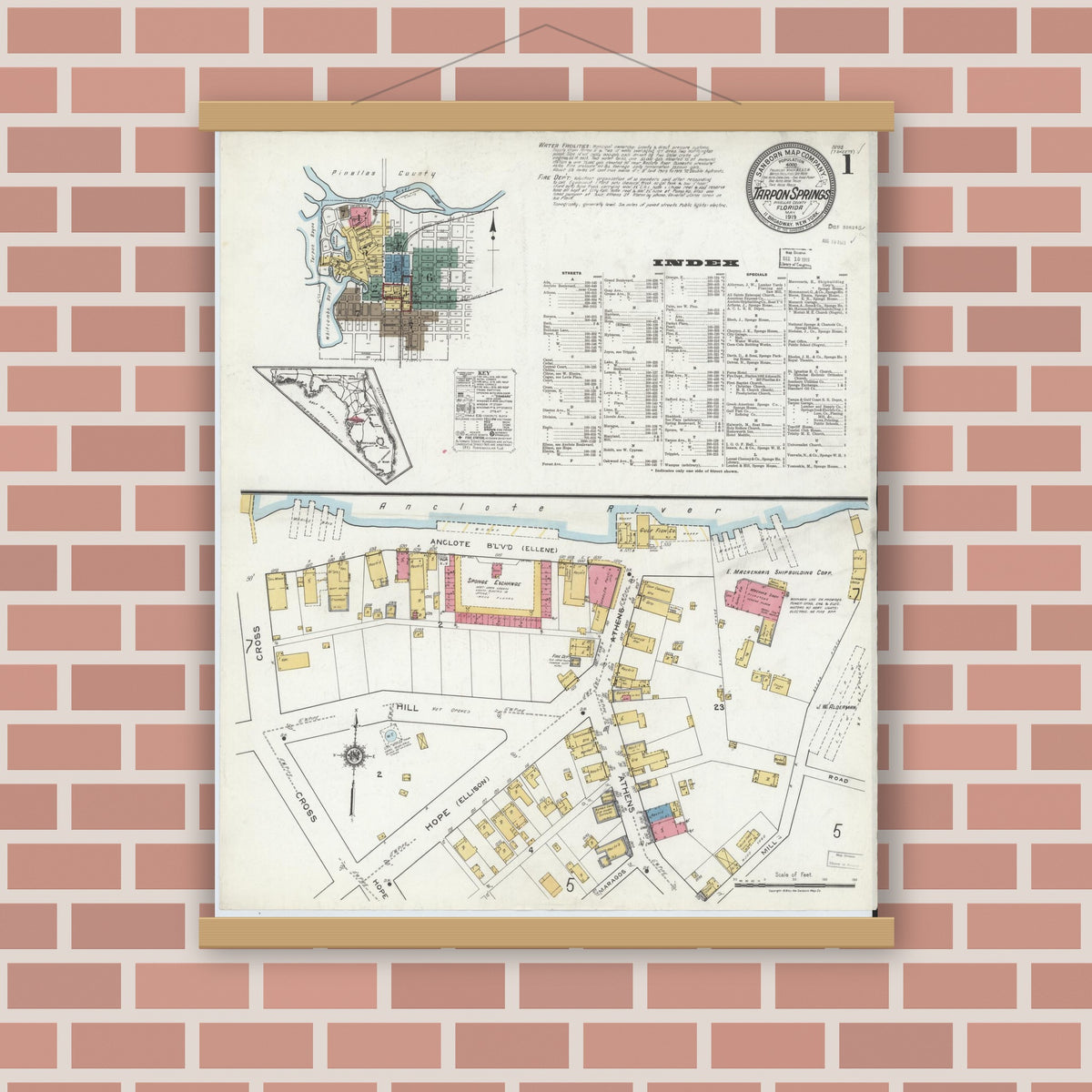 Old map wall art mockup — magnetic wood frame on brick wall — Sanborn Fire Insurance Map from Tarpon Springs, Pinellas County, Florida (1919) - Complete Map Set