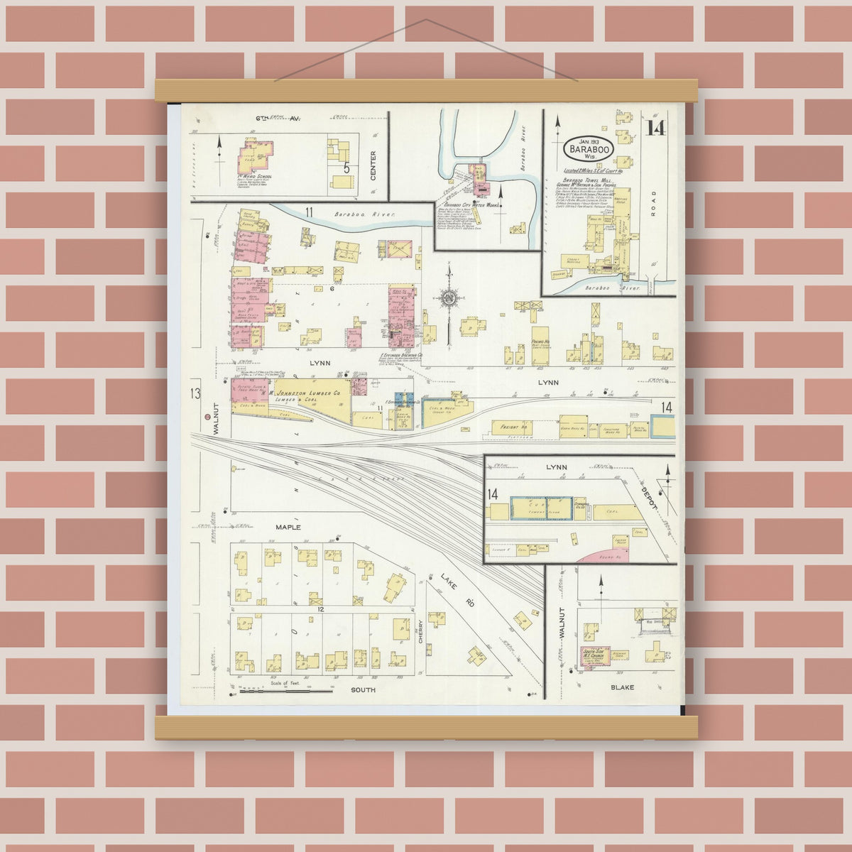 Old map wall art mockup — magnetic wood frame on brick wall — Sanborn Fire Insurance Map from Baraboo, Sauk County, Wisconsin (1913), Sheet #0014