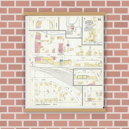 Old map wall art mockup — magnetic wood frame on brick wall — Sanborn Fire Insurance Map from Baraboo, Sauk County, Wisconsin (1913), Sheet #0014
