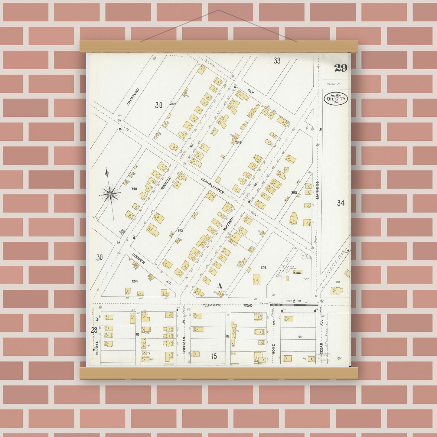 Old map wall art mockup — magnetic wood frame on brick wall — Sanborn Fire Insurance Map from Oil City, Venango County, Pennsylvania (1906), Sheet #0029