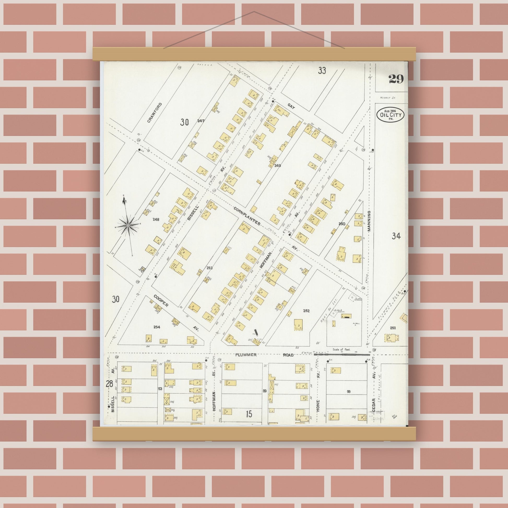 Old map wall art mockup — magnetic wood frame on brick wall — Sanborn Fire Insurance Map from Oil City, Venango County, Pennsylvania (1906), Sheet #0029