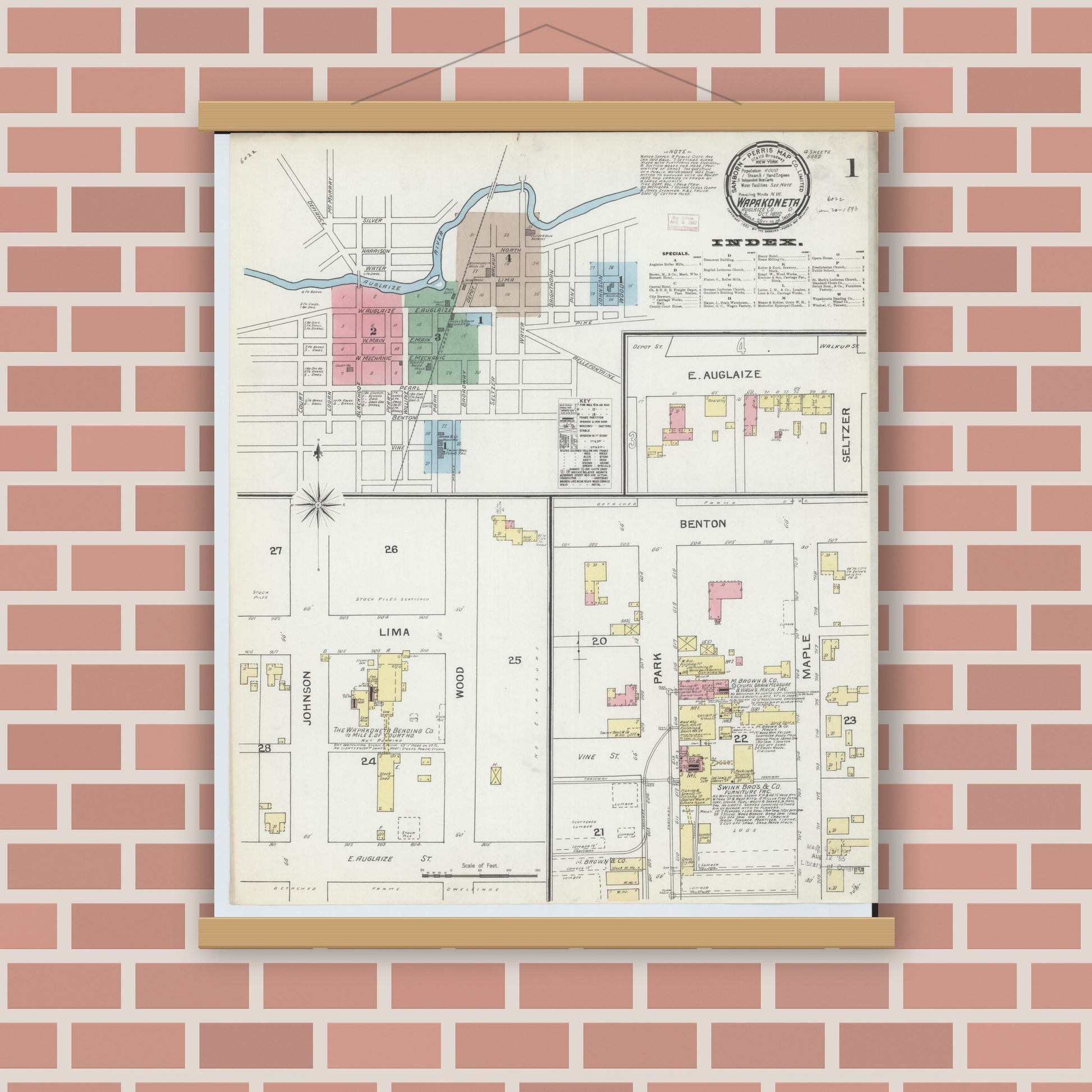 Old map wall art mockup — magnetic wood frame on brick wall — Sanborn Fire Insurance Map from Wapakoneta, Auglaize County, Ohio (1892) - Complete Map Set