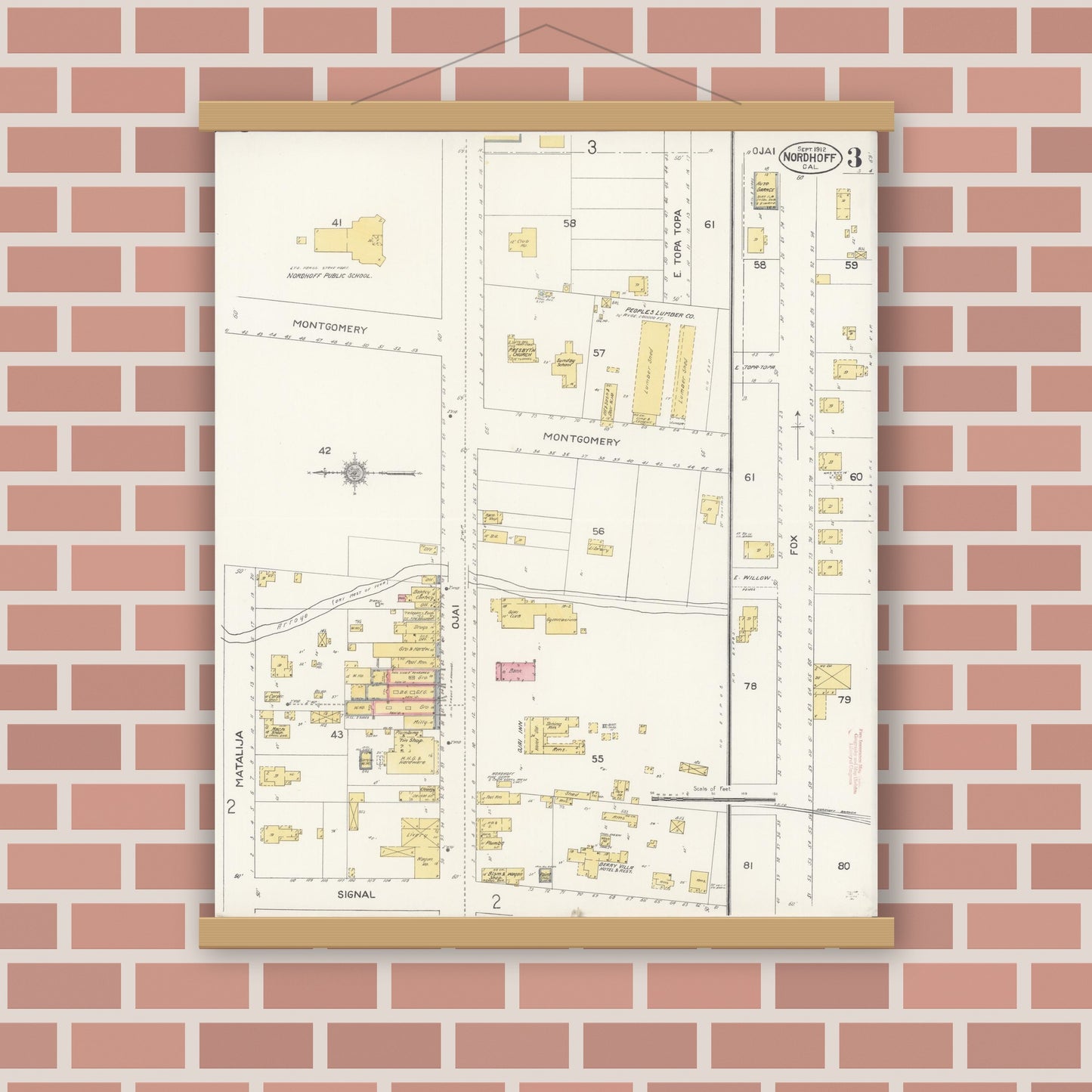 Old map wall art mockup — magnetic wood frame on brick wall — Sanborn Fire Insurance Map from Nordhoff, Ventura County, California (1912), Sheet #0003