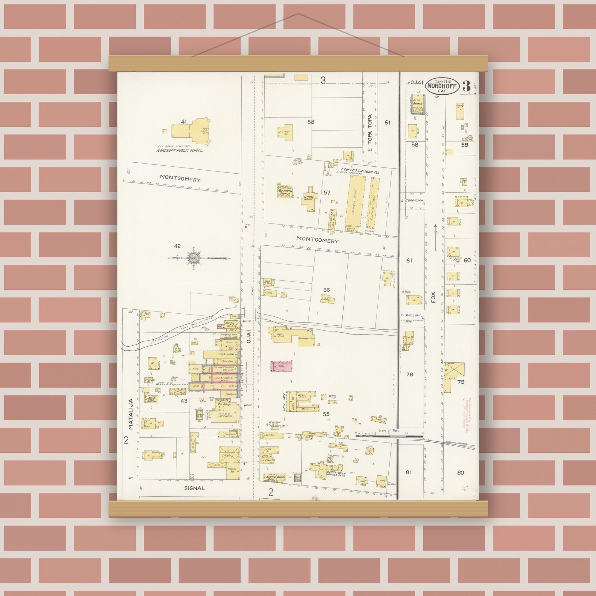 Old map wall art mockup — magnetic wood frame on brick wall — Sanborn Fire Insurance Map from Nordhoff, Ventura County, California (1912), Sheet #0003