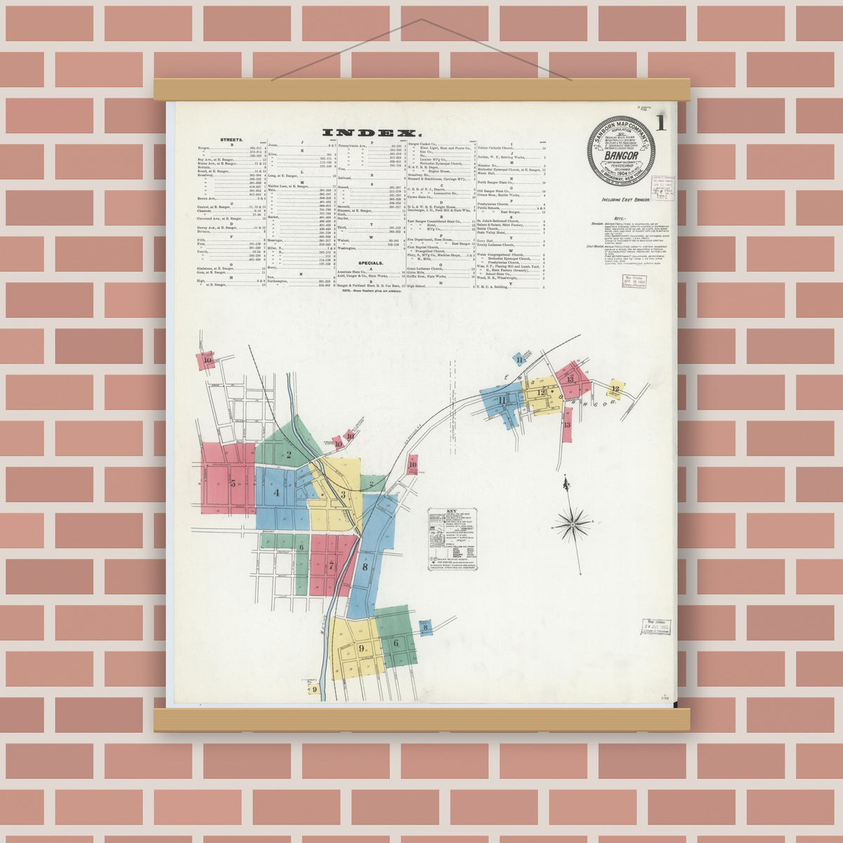 Old map wall art mockup — magnetic wood frame on brick wall — Sanborn Fire Insurance Map from Bangor, Northampton County, Pennsylvania (1904) - Complete Map Set