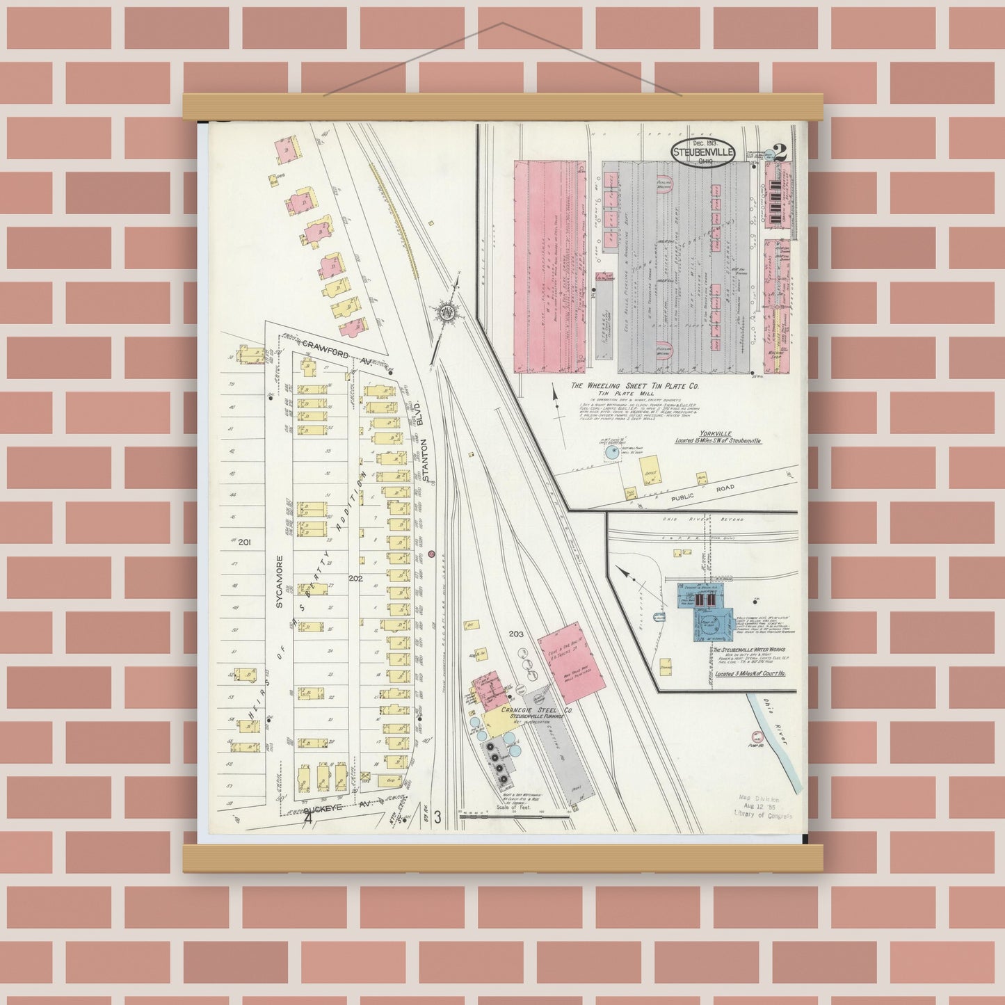 Old map wall art mockup — magnetic wood frame on brick wall — Sanborn Fire Insurance Map from Steubenville, Jefferson County, Ohio (1913), Sheet #0002