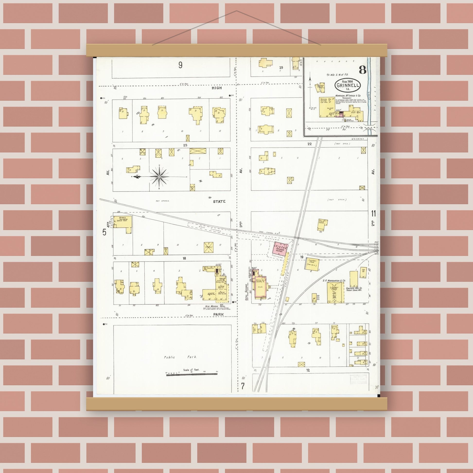 Old map wall art mockup — magnetic wood frame on brick wall — Sanborn Fire Insurance Map from Grinnell, Poweshiek County, Iowa (1906), Sheet #0008