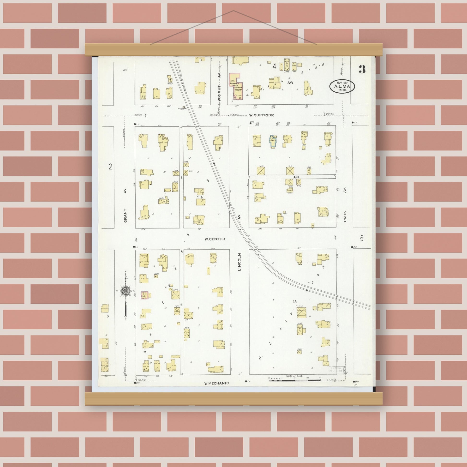 Old map wall art mockup — magnetic wood frame on brick wall — Sanborn Fire Insurance Map from Alma, Gratiot County, Michigan (1910), Sheet #0003