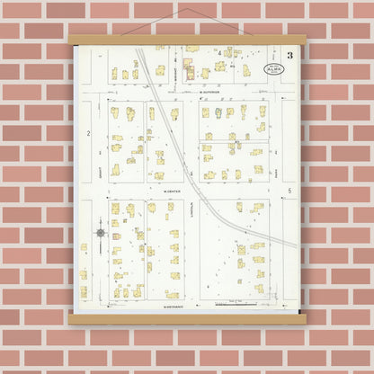 Old map wall art mockup — magnetic wood frame on brick wall — Sanborn Fire Insurance Map from Alma, Gratiot County, Michigan (1910), Sheet #0003