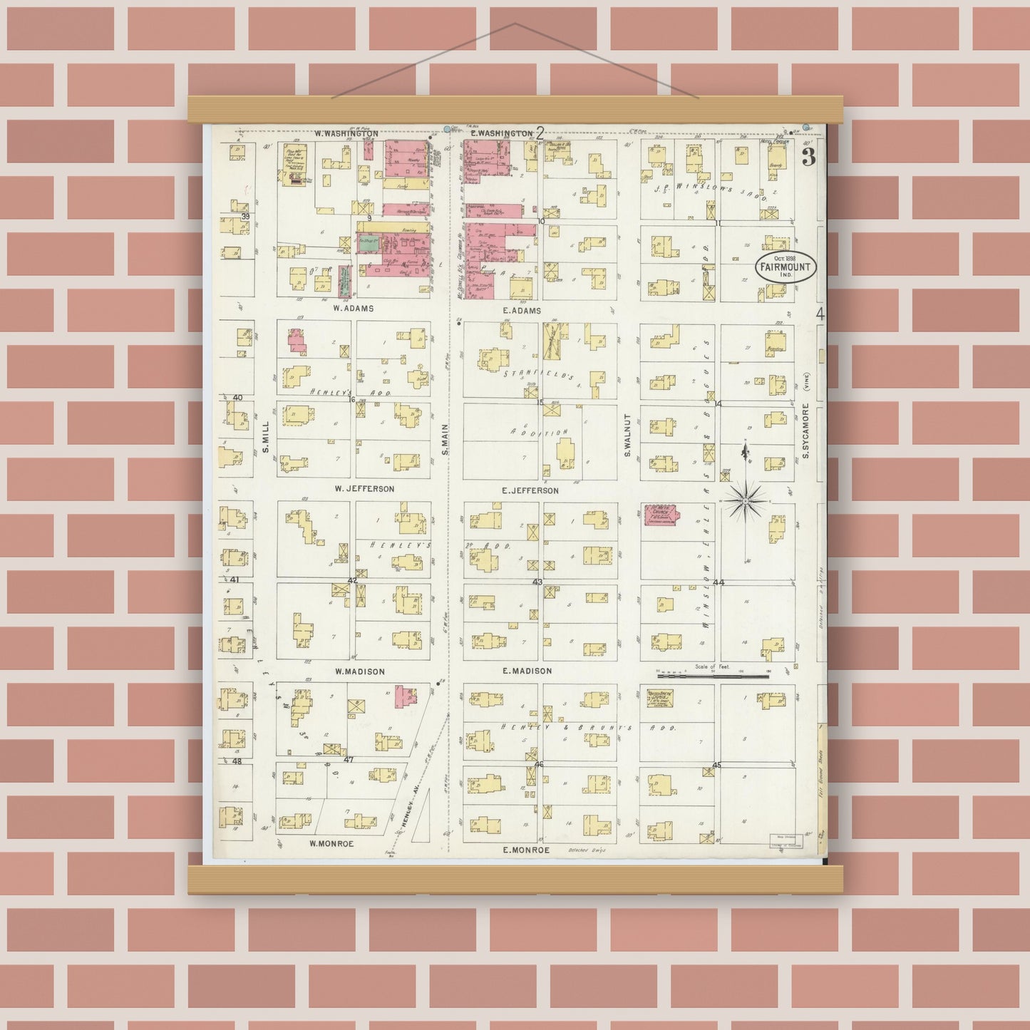 Old map wall art mockup — magnetic wood frame on brick wall — Sanborn Fire Insurance Map from Fairmount, Grant County, Indiana (1898), Sheet #0003