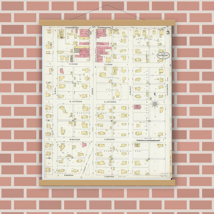 Old map wall art mockup — magnetic wood frame on brick wall — Sanborn Fire Insurance Map from Fairmount, Grant County, Indiana (1898), Sheet #0003