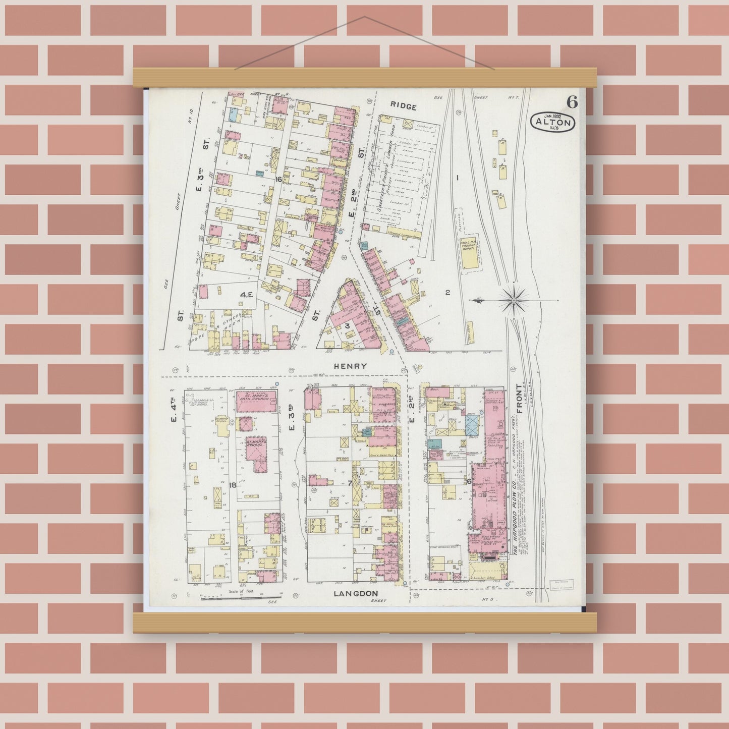 Old map wall art mockup — magnetic wood frame on brick wall — Sanborn Fire Insurance Map from Alton, Madison County, Illinois (1892), Sheet #0006