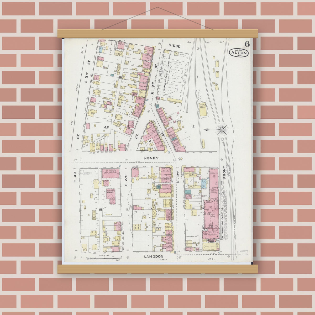 Old map wall art mockup — magnetic wood frame on brick wall — Sanborn Fire Insurance Map from Alton, Madison County, Illinois (1892), Sheet #0006