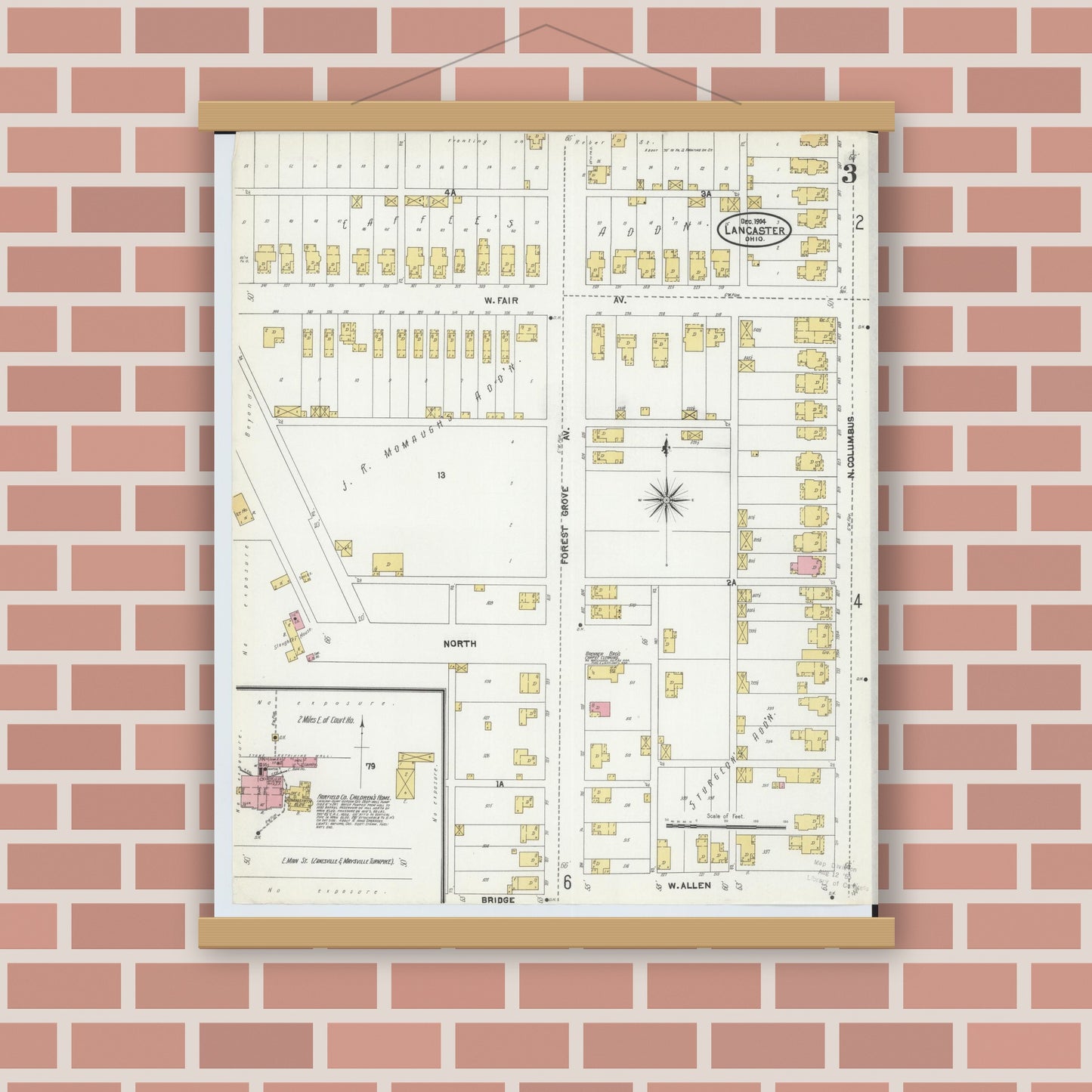 Old map wall art mockup — magnetic wood frame on brick wall — Sanborn Fire Insurance Map from Lancaster, Fairfield County, Ohio (1904), Sheet #0003
