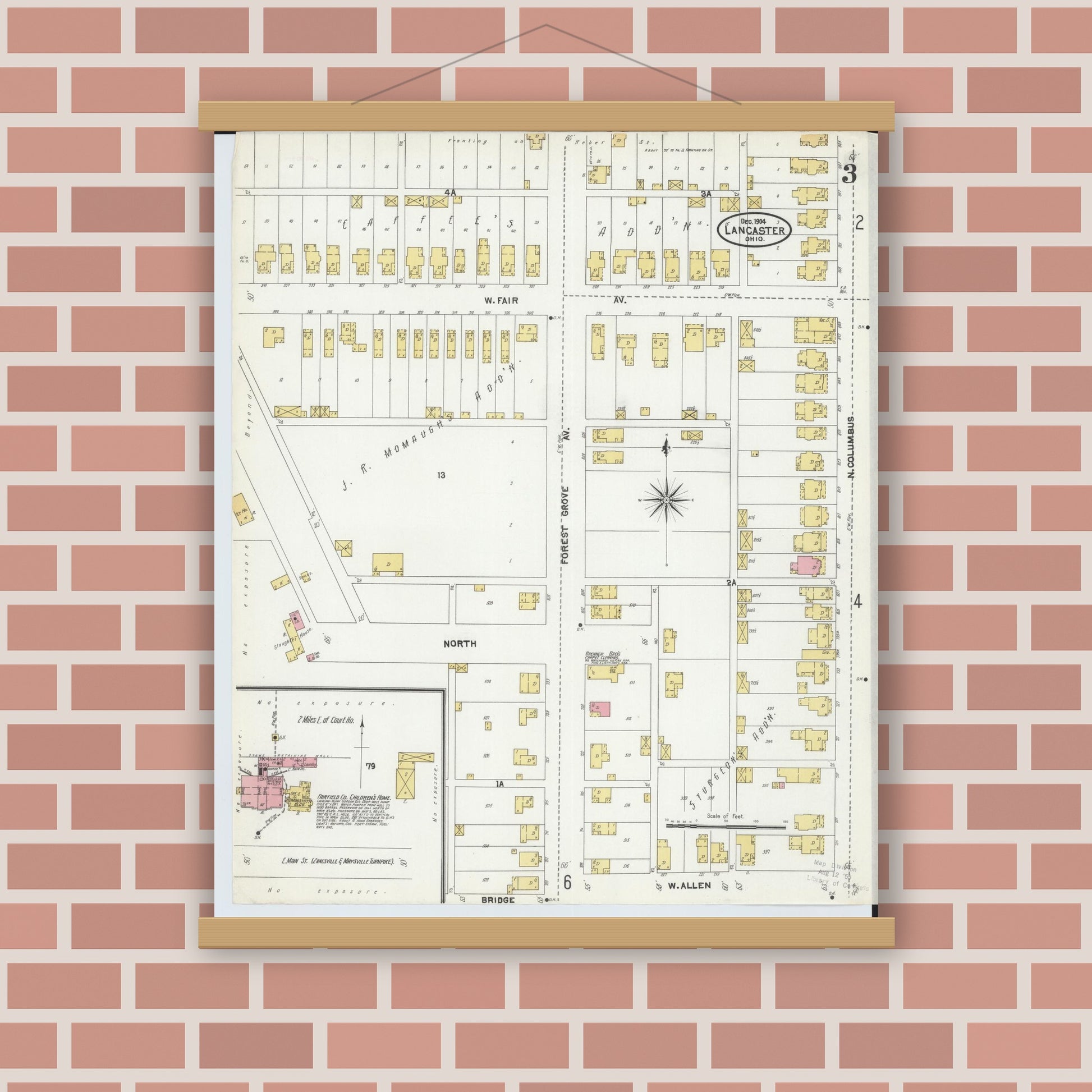 Old map wall art mockup — magnetic wood frame on brick wall — Sanborn Fire Insurance Map from Lancaster, Fairfield County, Ohio (1904), Sheet #0003
