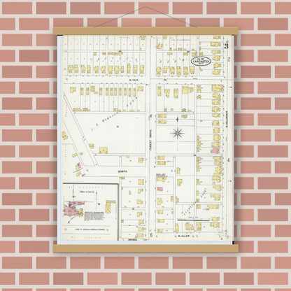 Old map wall art mockup — magnetic wood frame on brick wall — Sanborn Fire Insurance Map from Lancaster, Fairfield County, Ohio (1904), Sheet #0003
