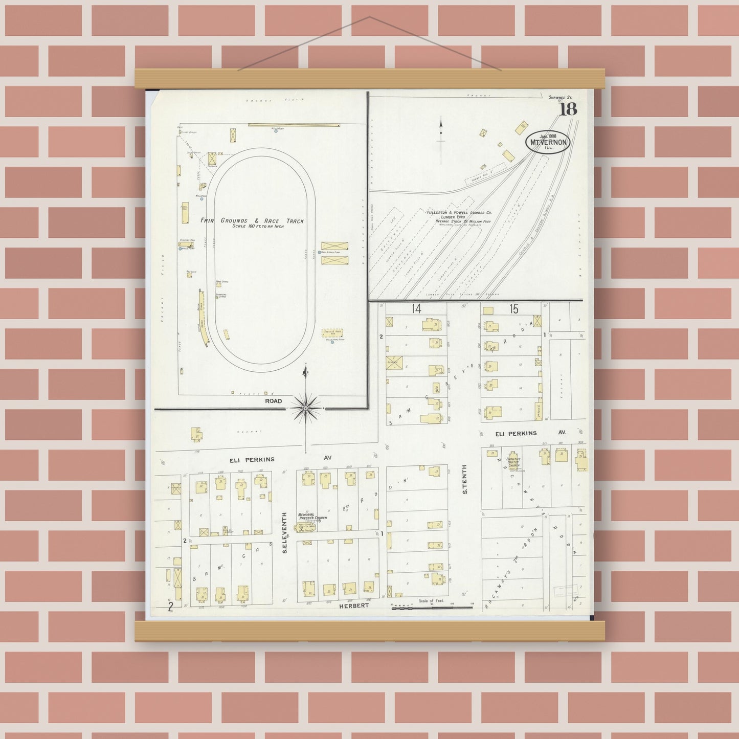 Old map wall art mockup — magnetic wood frame on brick wall — Sanborn Fire Insurance Map from Mount Vernon, Jefferson County, Illinois (1908), Sheet #0018