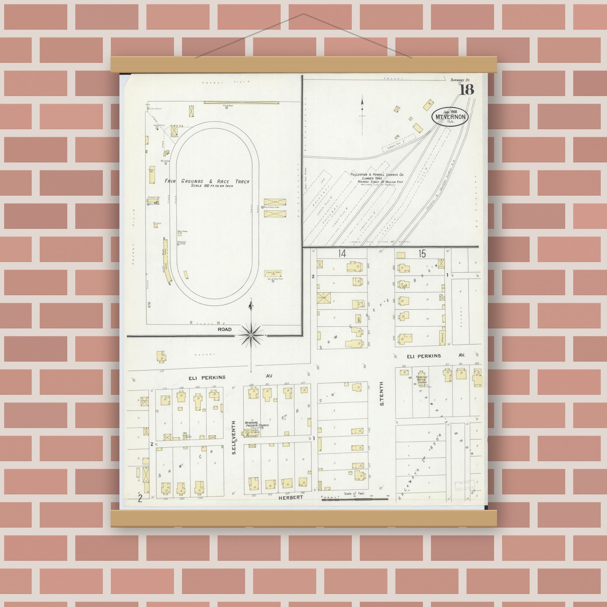 Old map wall art mockup — magnetic wood frame on brick wall — Sanborn Fire Insurance Map from Mount Vernon, Jefferson County, Illinois (1908), Sheet #0018