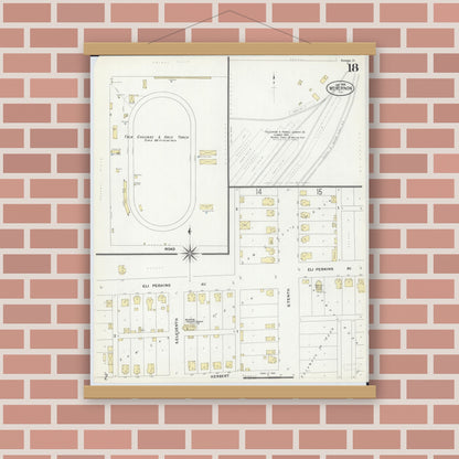 Old map wall art mockup — magnetic wood frame on brick wall — Sanborn Fire Insurance Map from Mount Vernon, Jefferson County, Illinois (1908), Sheet #0018