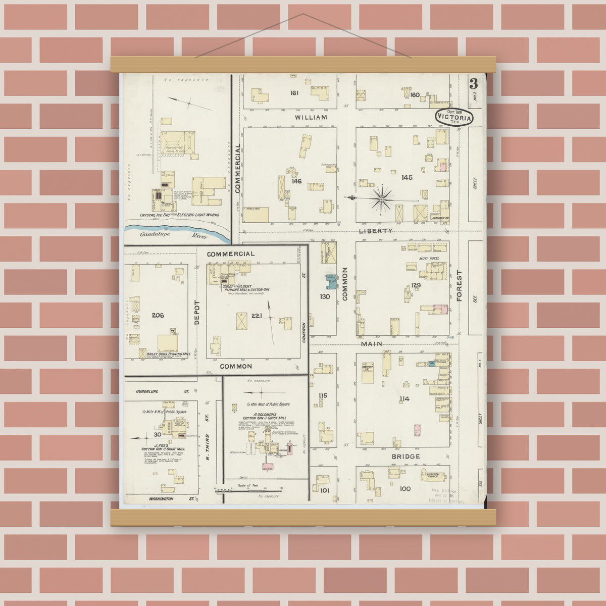 Old map wall art mockup — magnetic wood frame on brick wall — Sanborn Fire Insurance Map from Victoria, Victoria County, Texas (1891), Sheet #0003