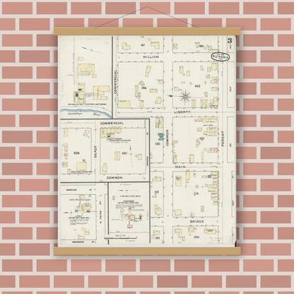 Old map wall art mockup — magnetic wood frame on brick wall — Sanborn Fire Insurance Map from Victoria, Victoria County, Texas (1891), Sheet #0003