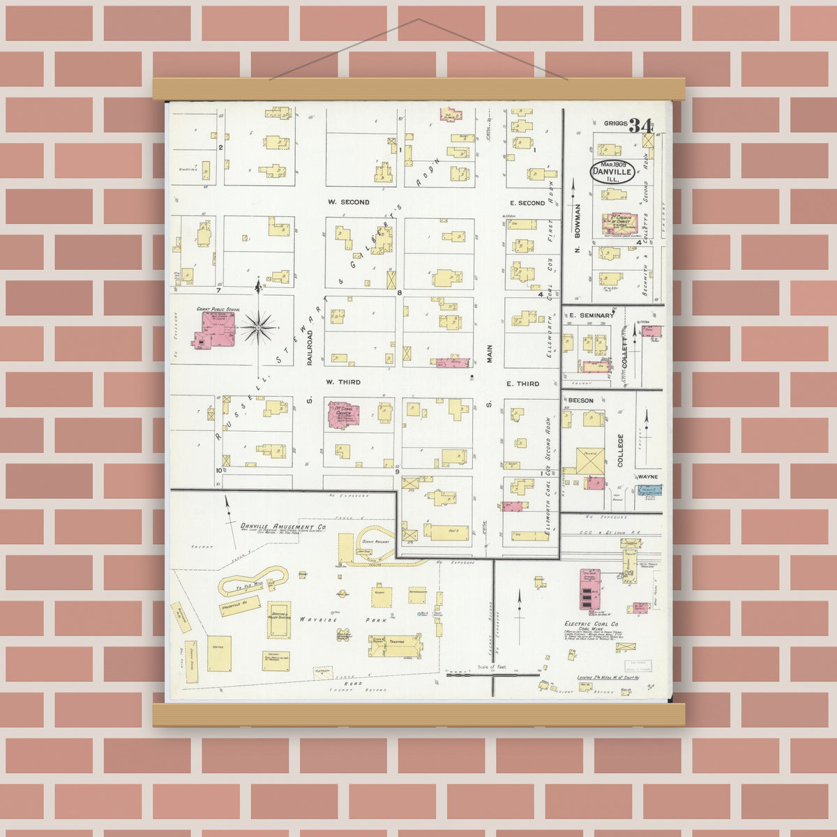 Old map wall art mockup — magnetic wood frame on brick wall — Sanborn Fire Insurance Map from Danville, Vermilion County, Illinois (1909), Sheet #0034