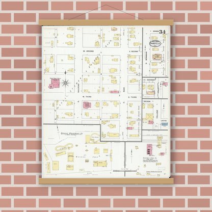 Old map wall art mockup — magnetic wood frame on brick wall — Sanborn Fire Insurance Map from Danville, Vermilion County, Illinois (1909), Sheet #0034