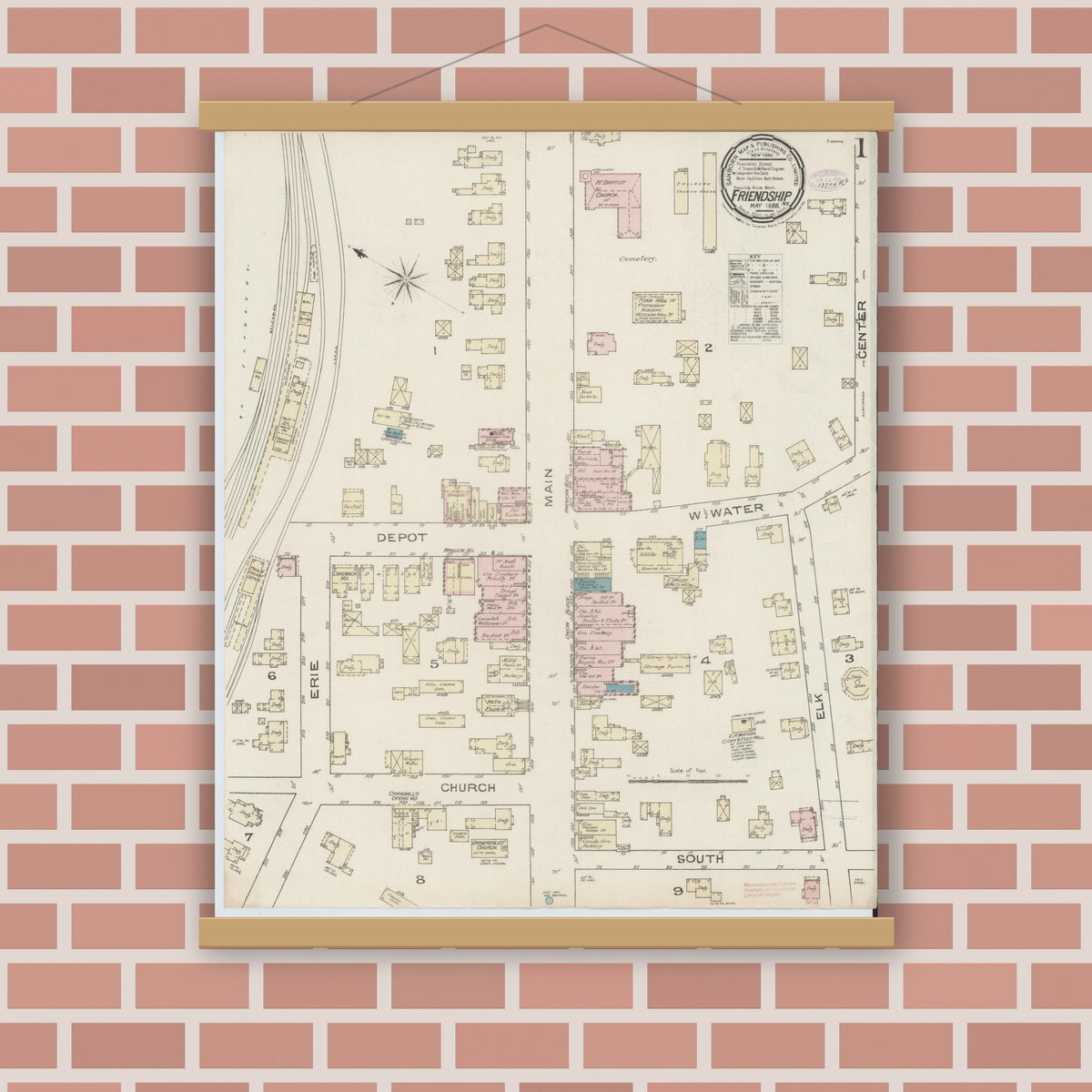 Old map wall art mockup — magnetic wood frame on brick wall — Sanborn Fire Insurance Map from Friendship, Allegany County, New York (1886) - Complete Map Set