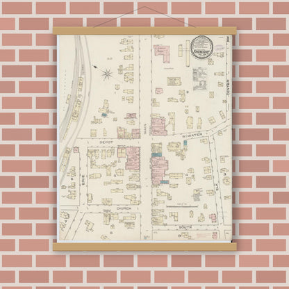 Old map wall art mockup — magnetic wood frame on brick wall — Sanborn Fire Insurance Map from Friendship, Allegany County, New York (1886) - Complete Map Set