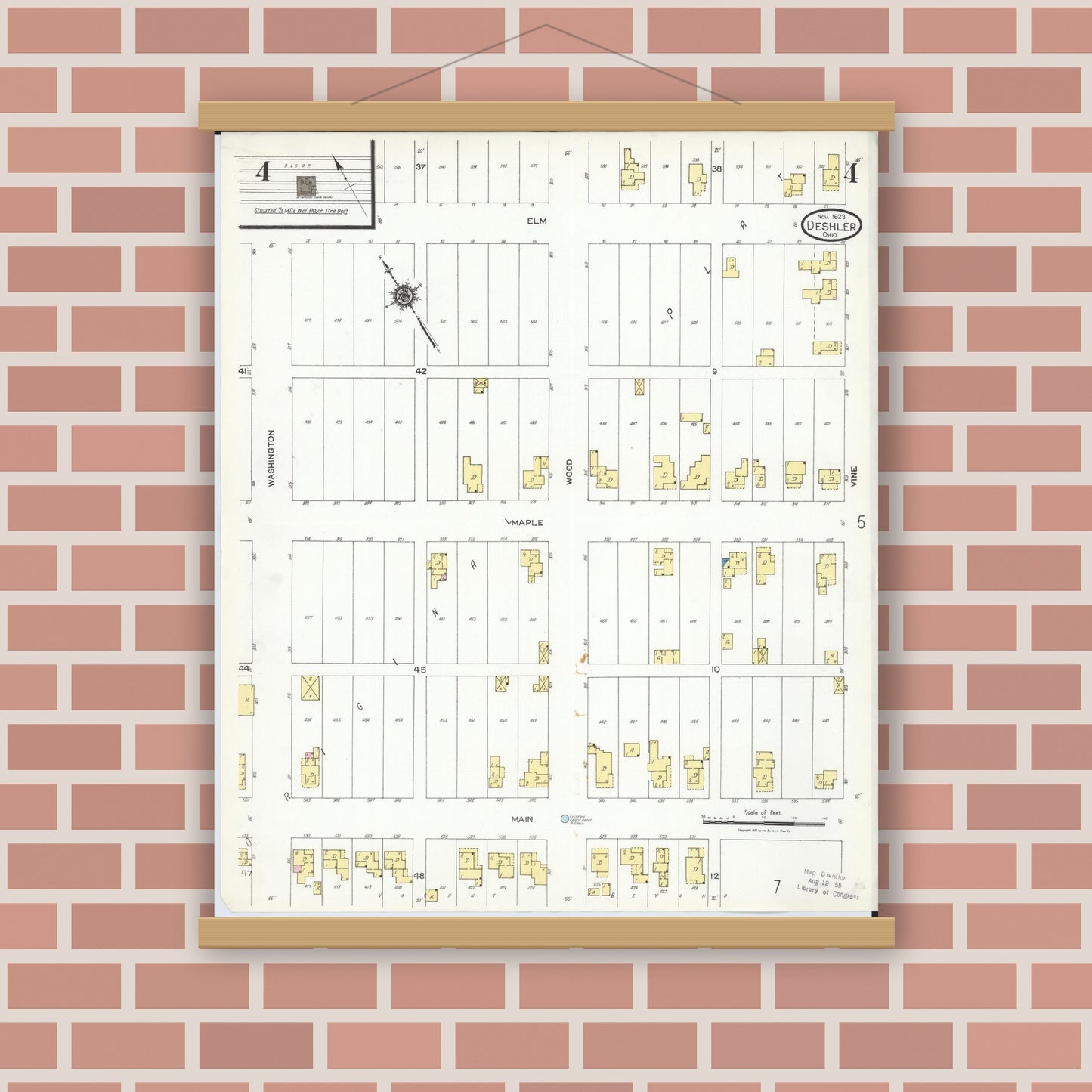 Old map wall art mockup — magnetic wood frame on brick wall — Sanborn Fire Insurance Map from Deshler, Henry County, Ohio (1923), Sheet #0004