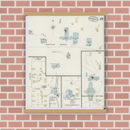 Old map wall art mockup — magnetic wood frame on brick wall — Sanborn Fire Insurance Map from Faribault, Rice County, Minnesota (1889), Sheet #0010